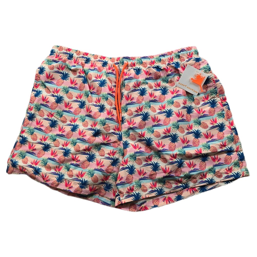Happy Hour Swim Trunks Mens XL Pink Pineapple Tropical Floral Pina Colada‎ NEW